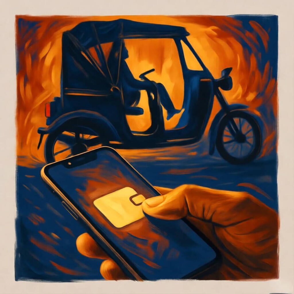 Hand tapping gold app, rickshaw shadow in background.