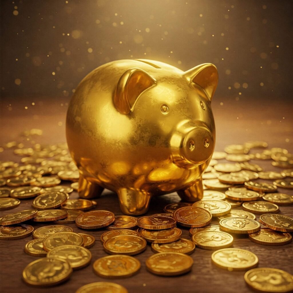 Golden Piggy Bank Overflowing with Coins