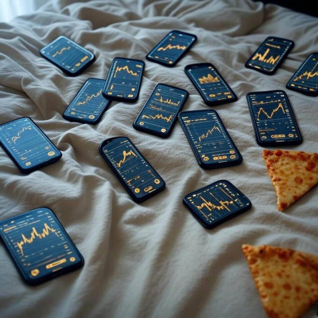 Gold charts and pizza on rumpled bed chaos.