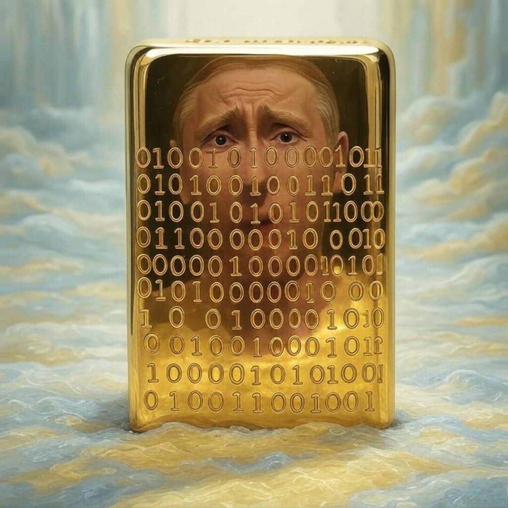 Gold bar morphing into binary code, confused reflection.