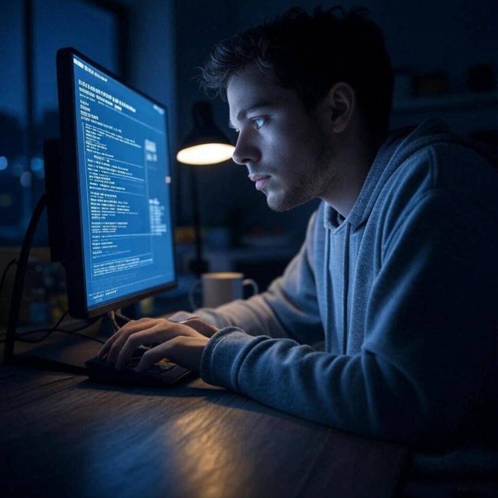 Digital gold blockchain with bleary-eyed reflection on screen.
