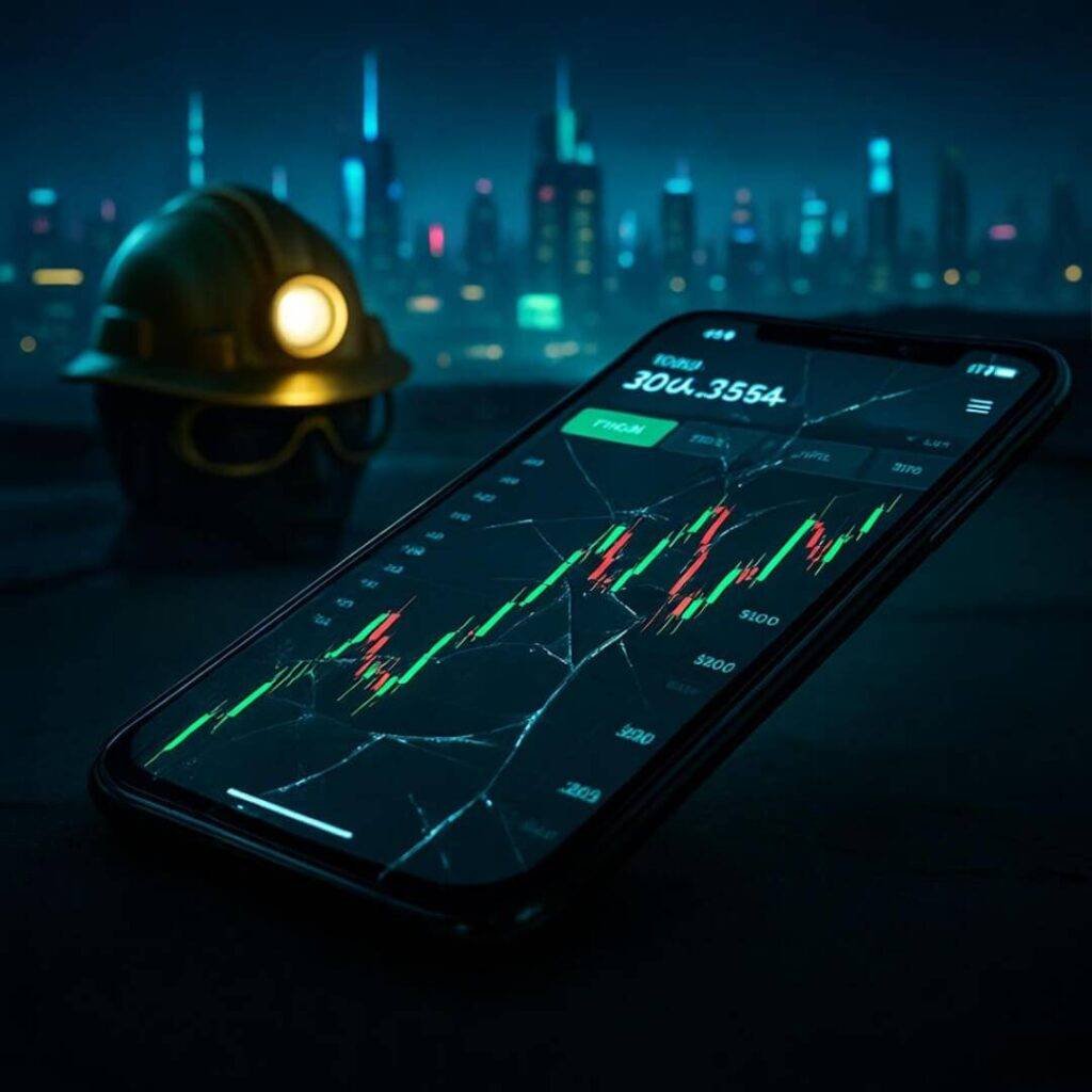 Cracked phone screen, stock app, gold miner’s helmet.