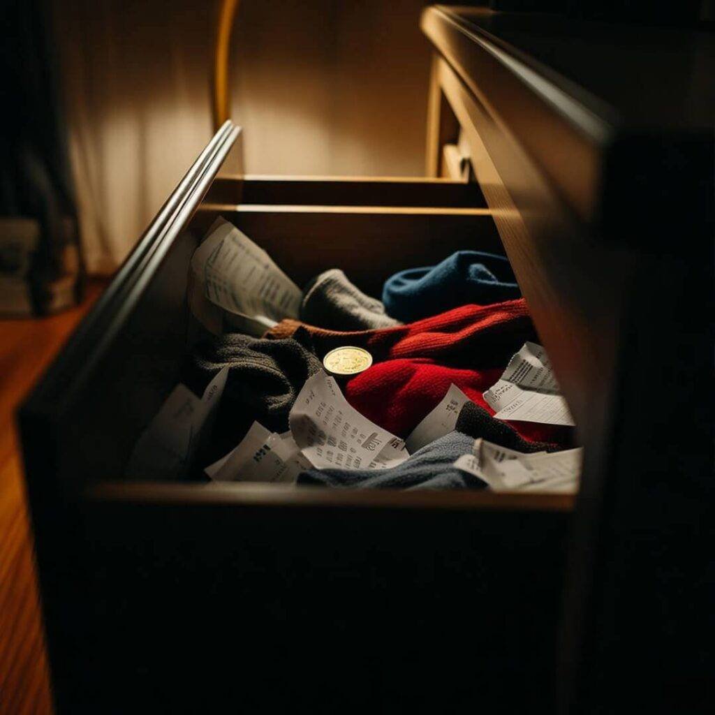 Chaotic sock drawer with gold coin, dim lamp.