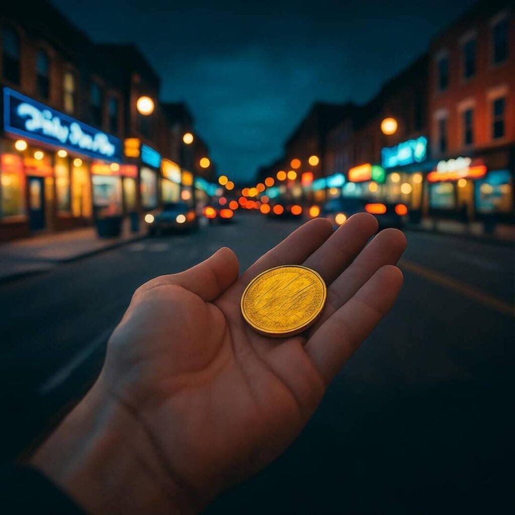 Hand holding scratched coin, blurry Philly street background.