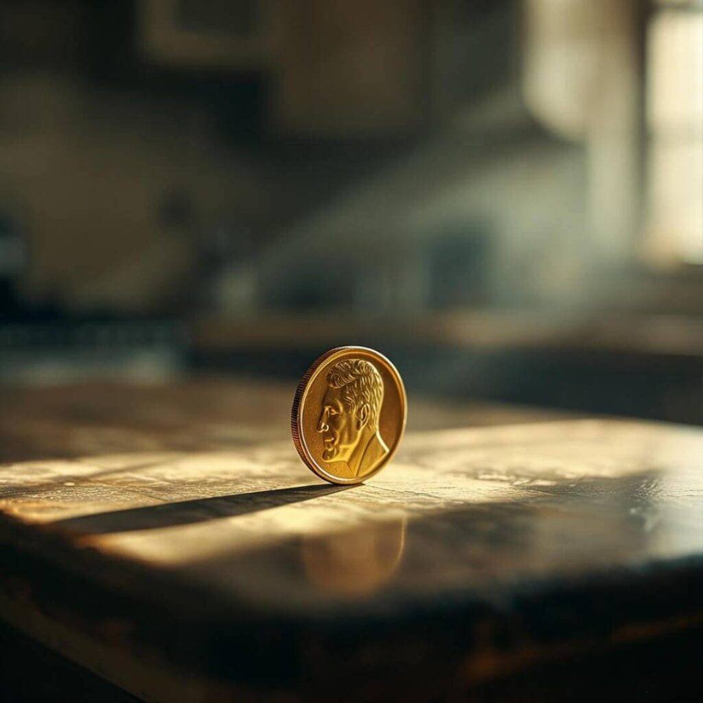 Spinning gold coin on scratched kitchen table.