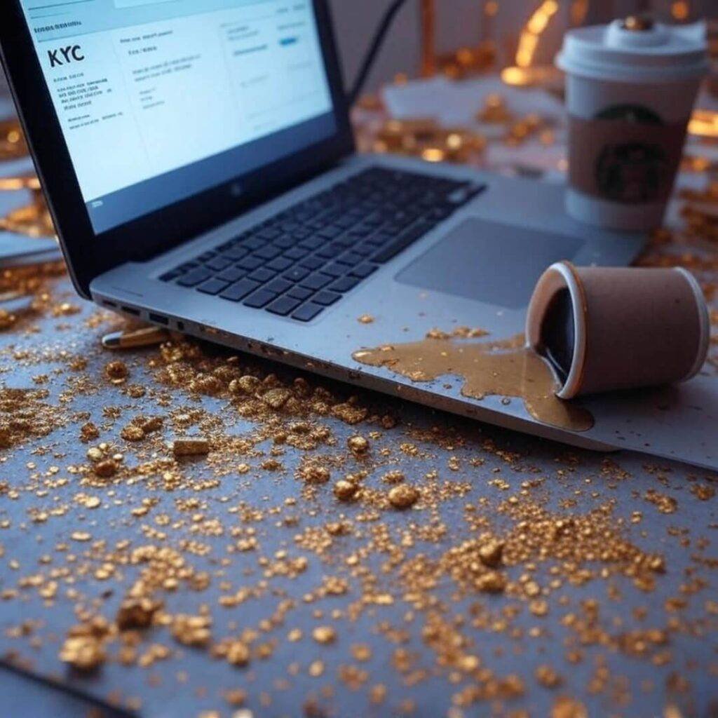 Chaotic desk, spilled coffee, KYC form, gold pen.