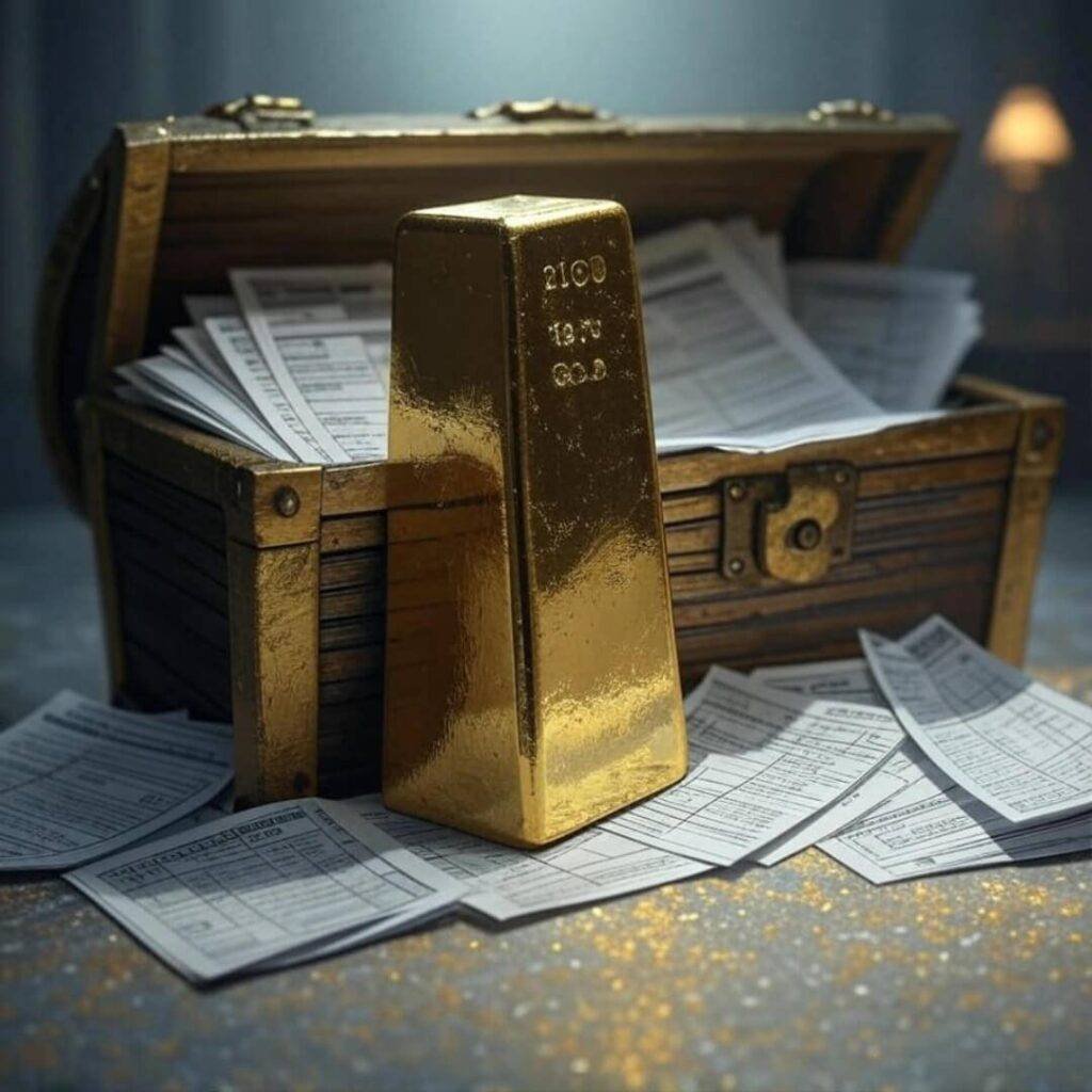 Gold bar unlocking treasure chest of tax forms.
