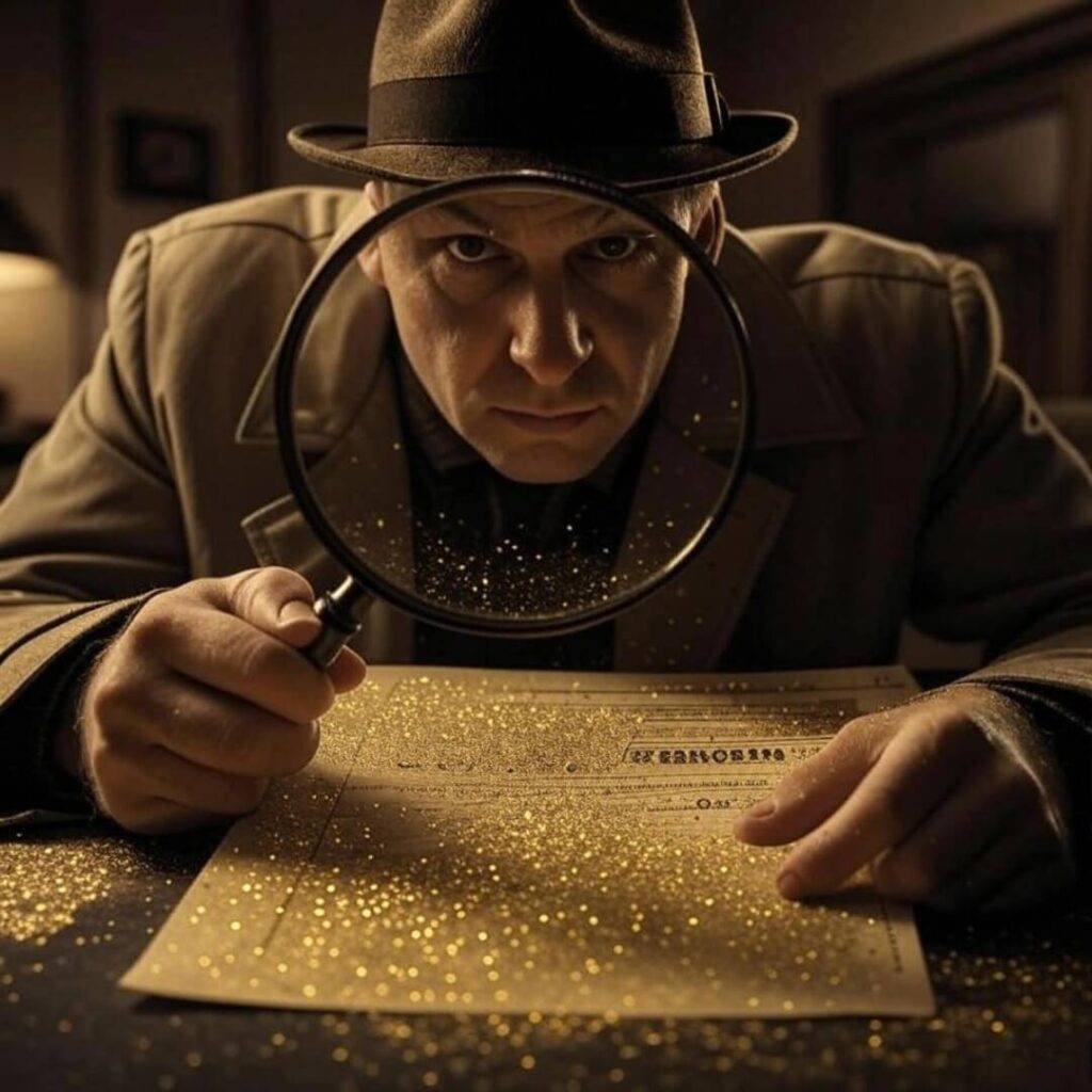 Magnifying glass over savings bond, gold dust scattered.