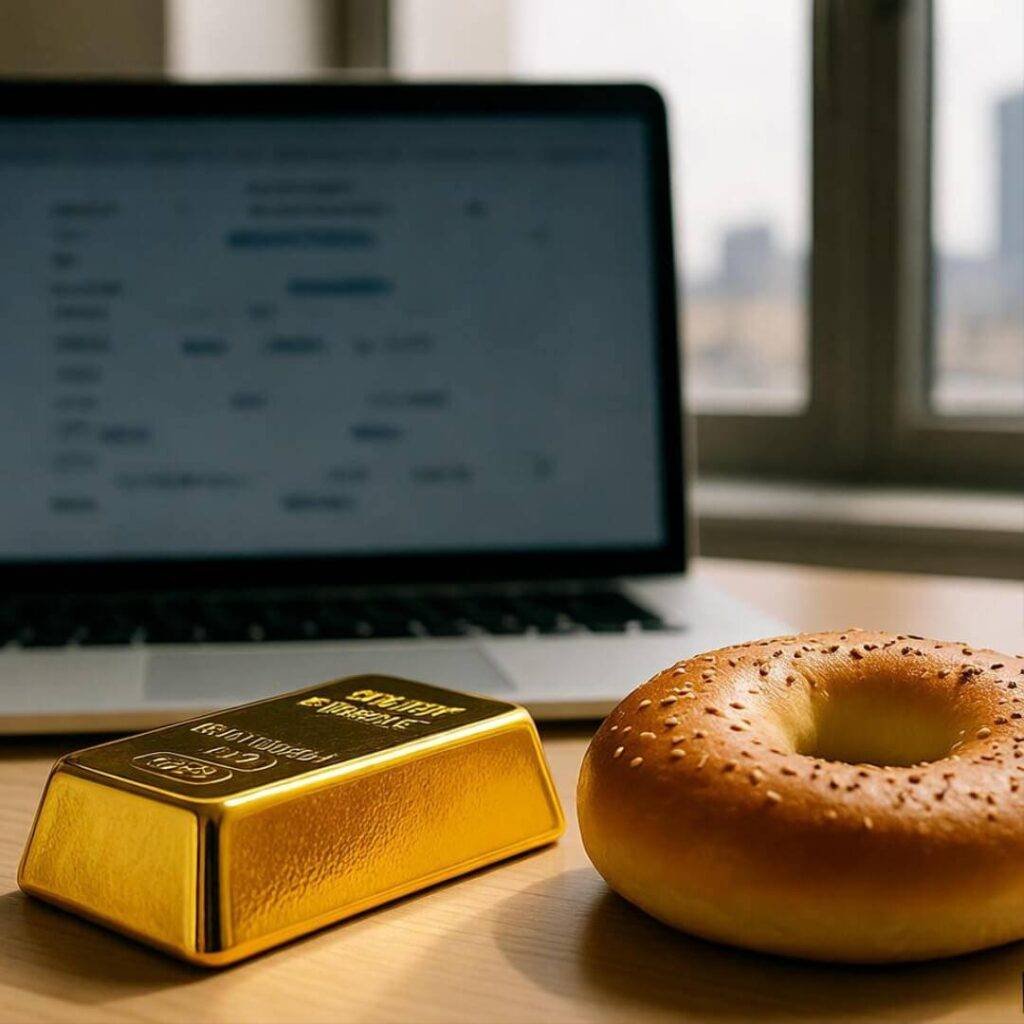 Crooked gold bar, stale bagel, glitched laptop calculator.