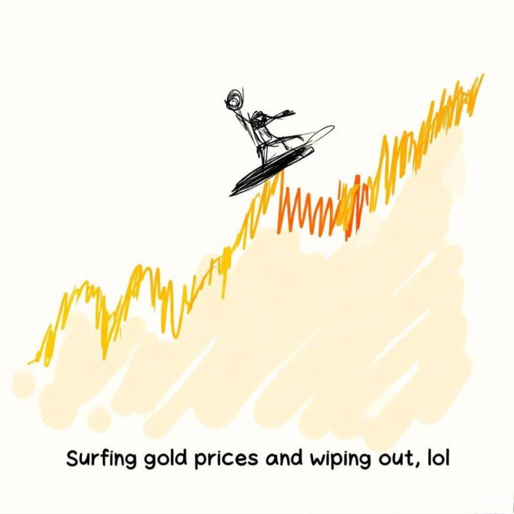 Stick figure surfs chaotic gold price chart cartoon.