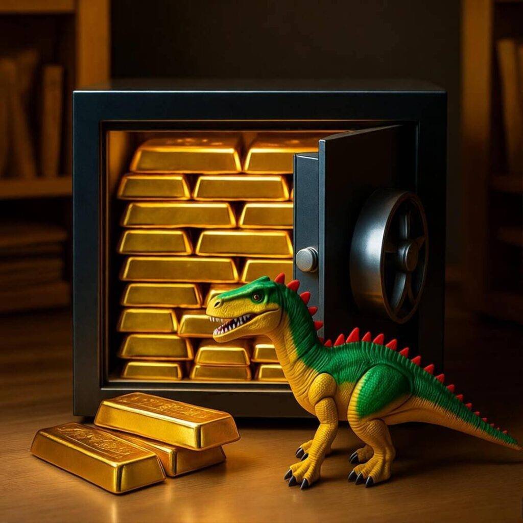 Crooked safe with gold bars, dinosaur toy blocking.