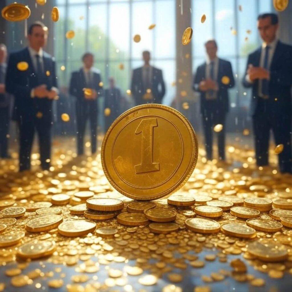 Impressionistic stock floor, raining coins, oversized coin chaos.