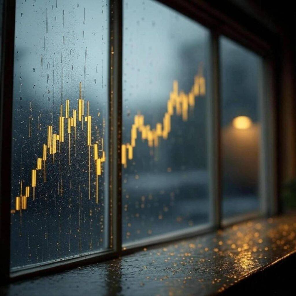Rain-streaked window reflects faint gold price chart indoors.