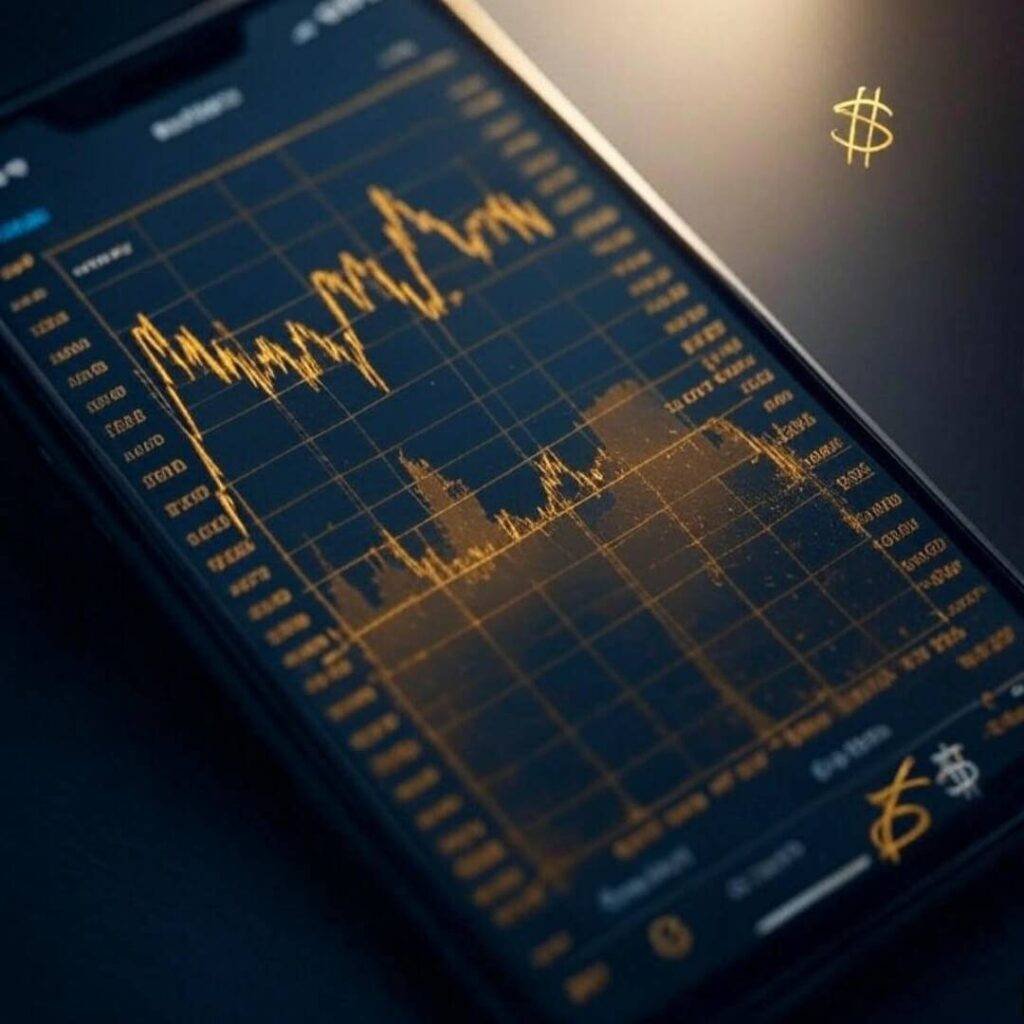 Coffee-spilled phone with gold charts, dollar sign.