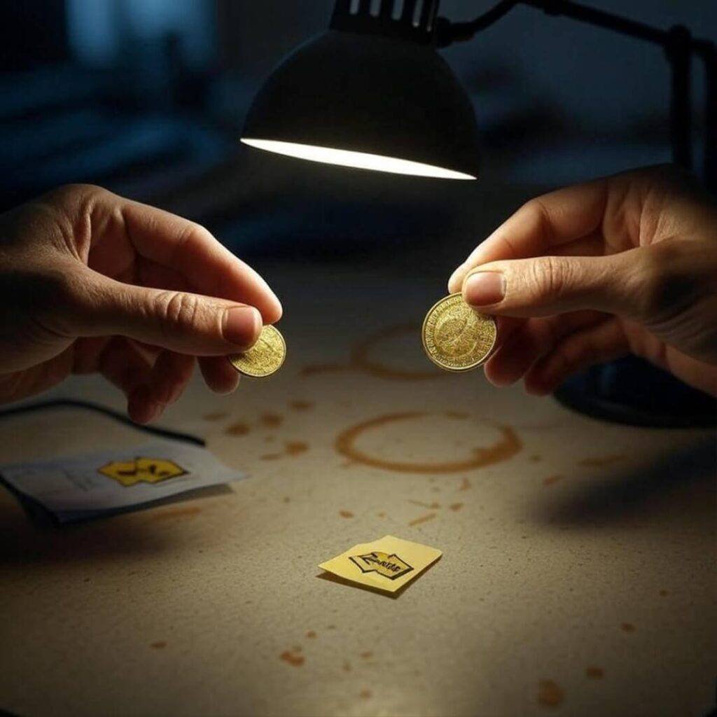 Hands holding gold coin, lamp, coffee stains, note.