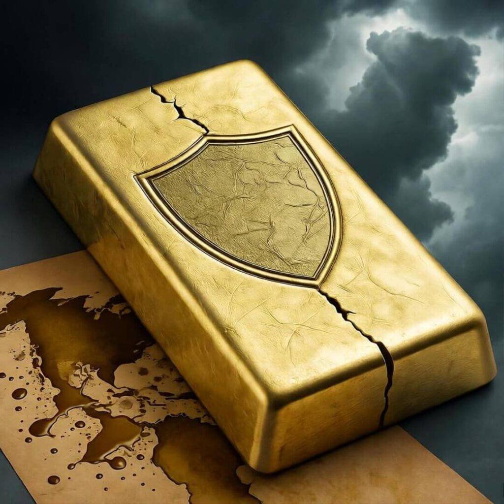 Cracked gold bar reveals shield, coffee spill maps routes.