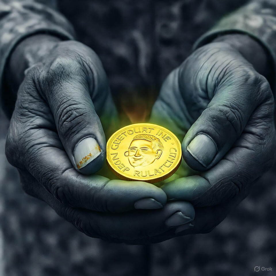 Chipped hands holding gold coin under shop light.
