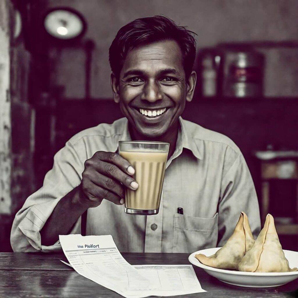 Smiling man toasting chai, samosa, receipts in café.