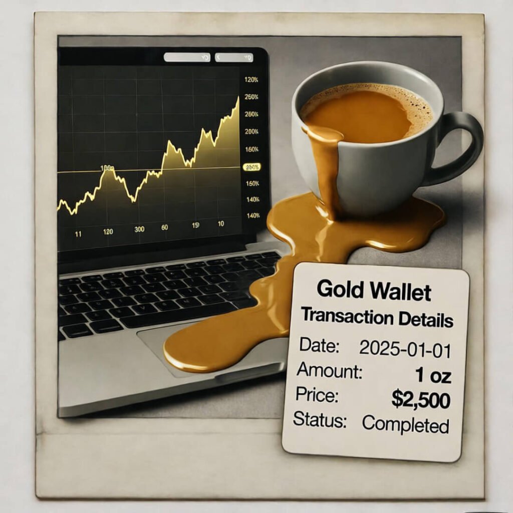 Laptop charts, spilled chai, gold transaction Polaroid.