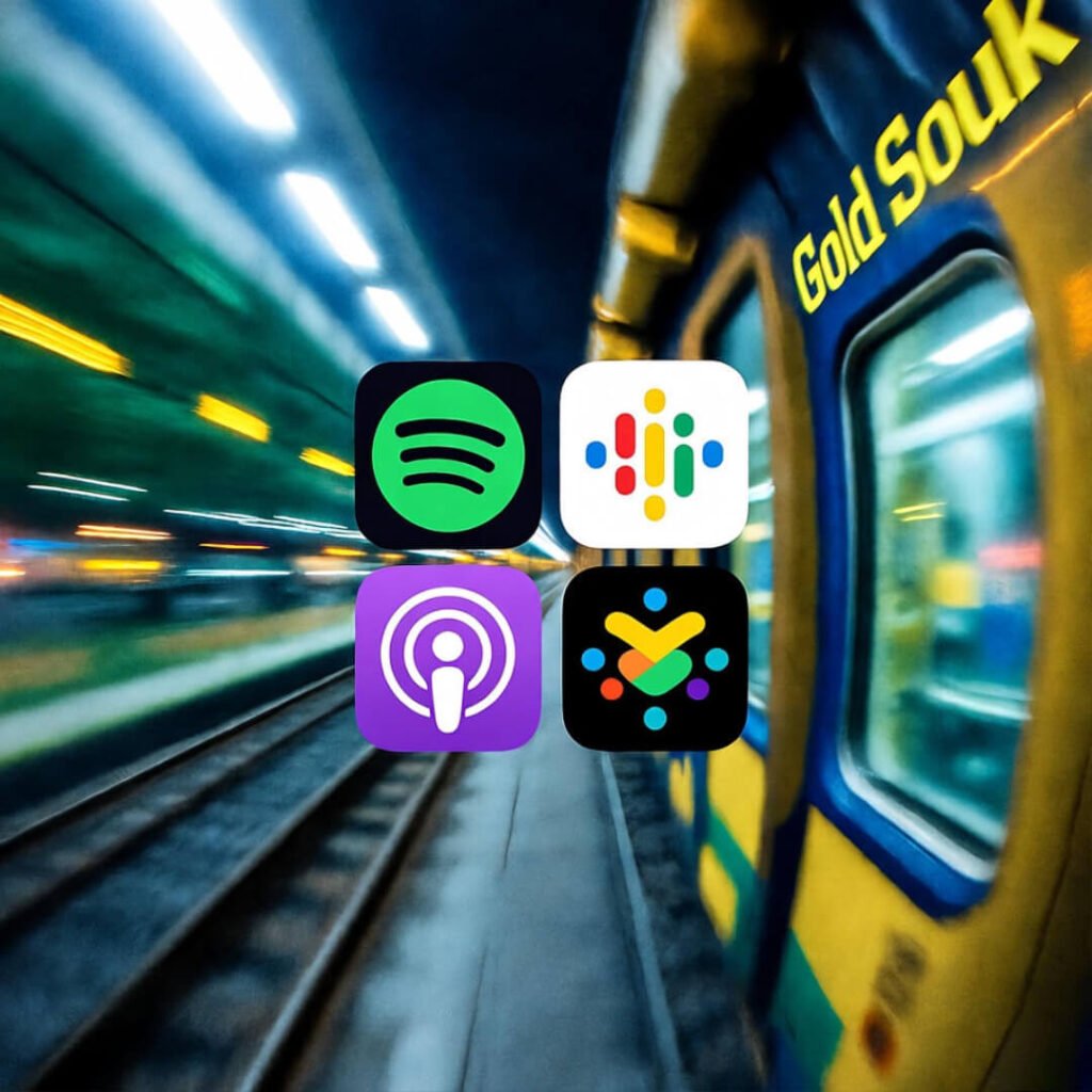 "Distorted train view with gold podcast icons."