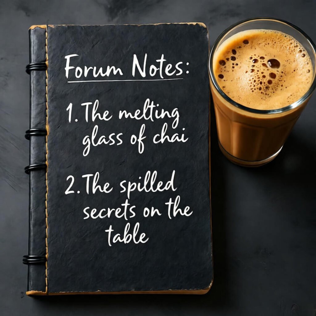 Notebook with forum notes beside melting chai glass.