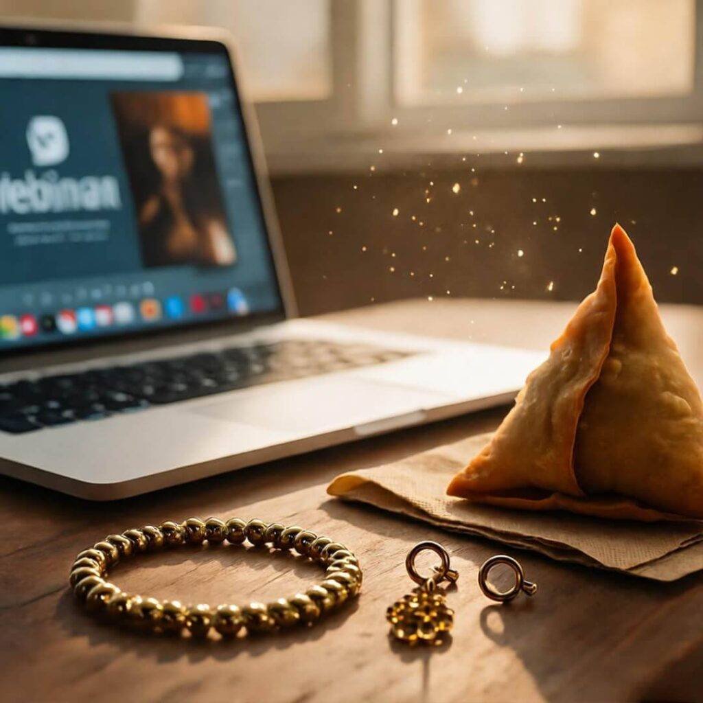 Cluttered desk, samosa, gold jewelry, webinar laptop.