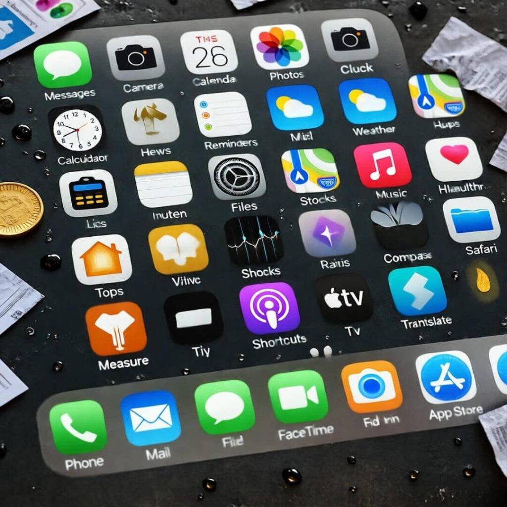 Scattered gold app chaos on wet table, 2025
