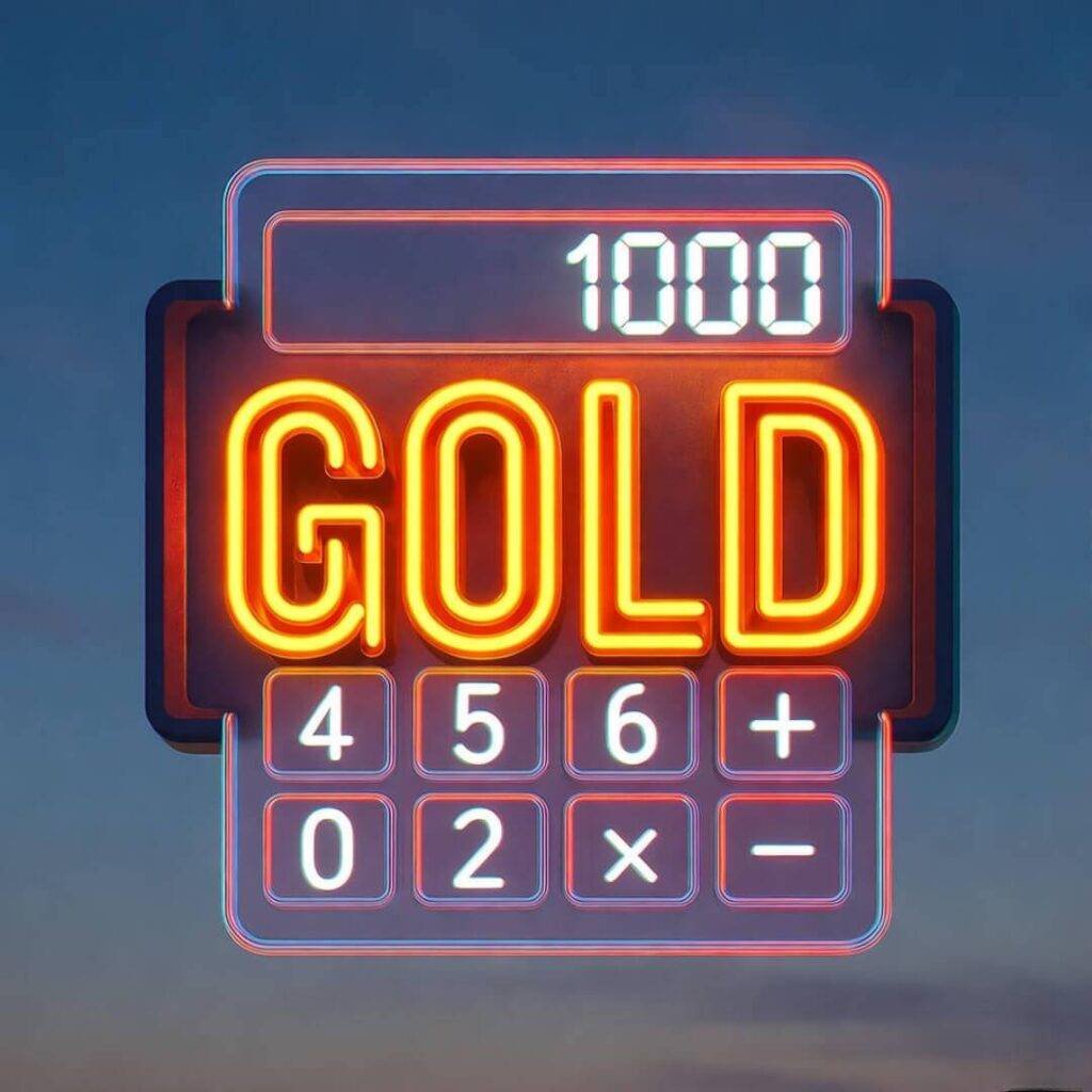 Neon gold shop sign, glitchy calculator hologram at twilight.