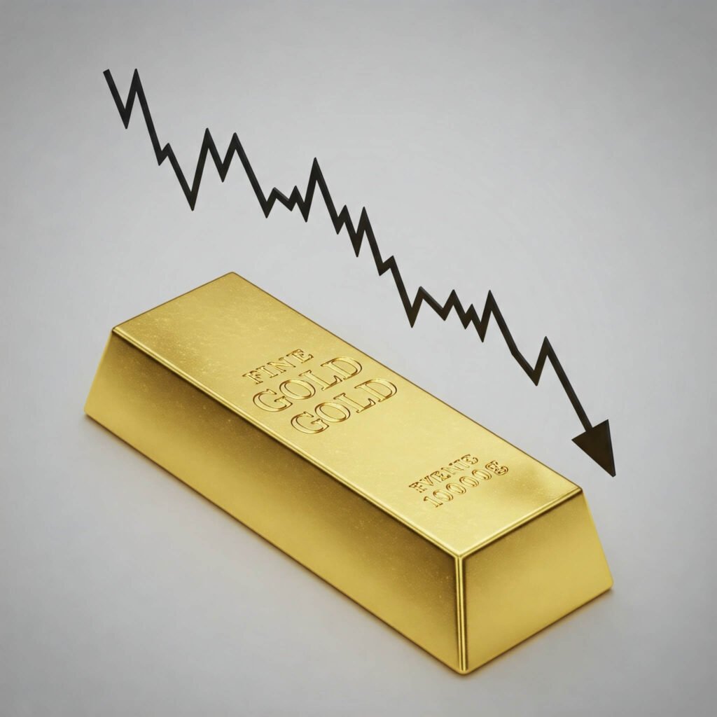 Downward-trending line graph on a gold bar