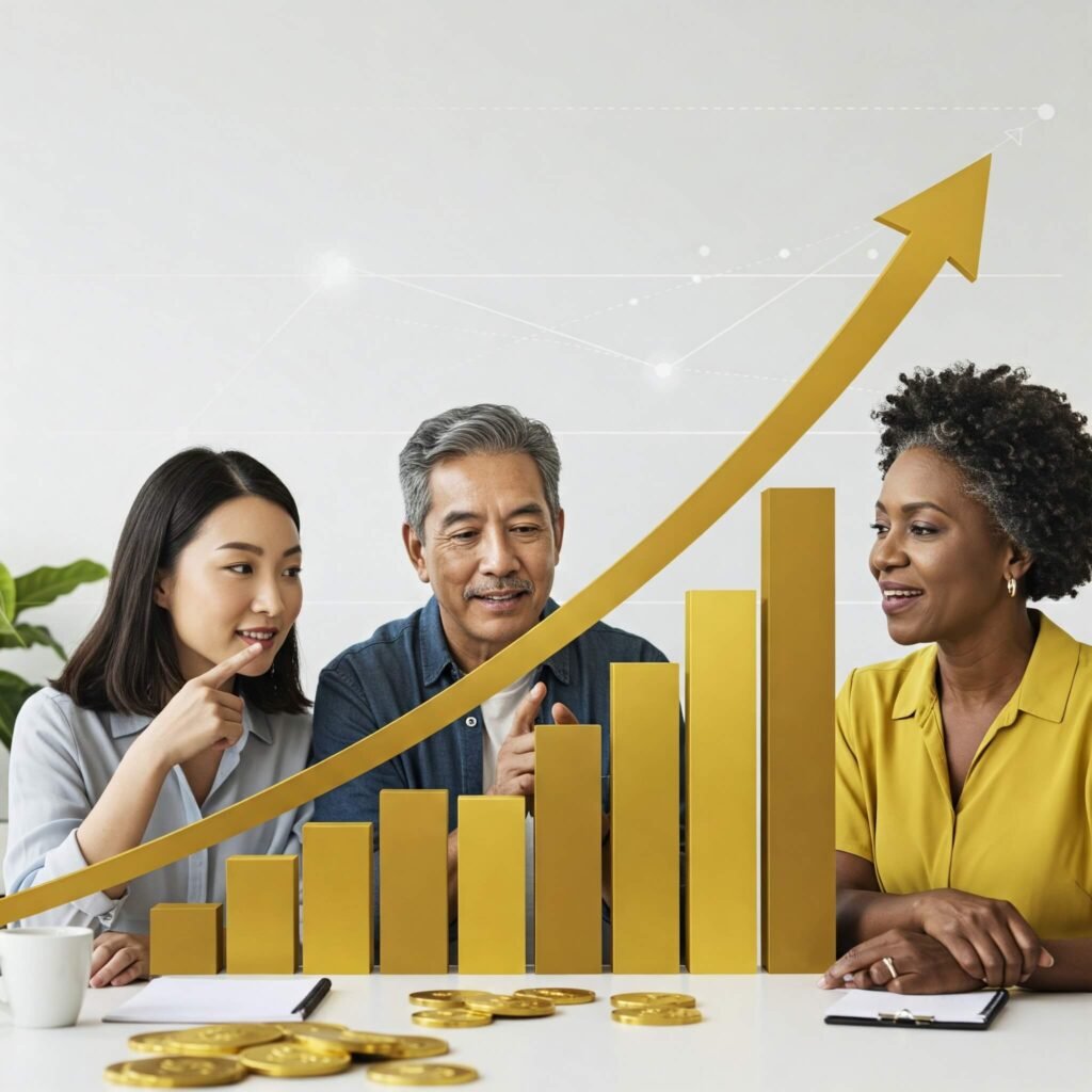 Rising gold price chart with diverse investors