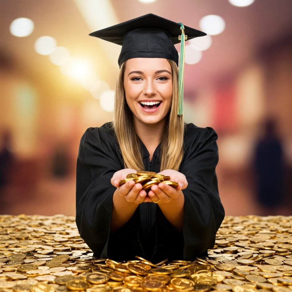 College Graduate Celebrating with Gold Coins