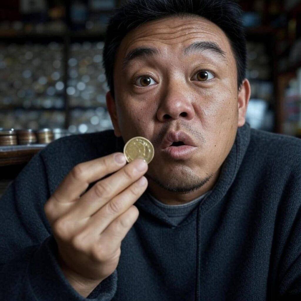Grainy coin shop photo, sneezing with gold coin.