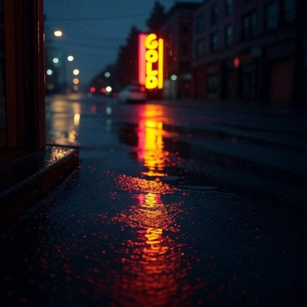 Rainy Seattle, neon Gold sign, glitchy puddle reflection.