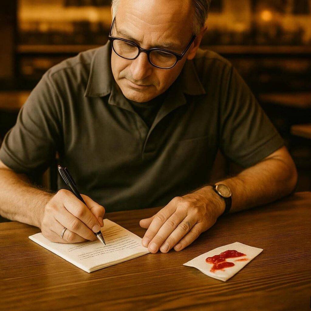 Person writing on ketchup-stained napkin in coffee shop.