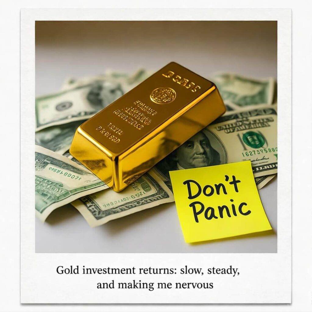 Gold bar on crumpled bills, "Don't Panic" note.