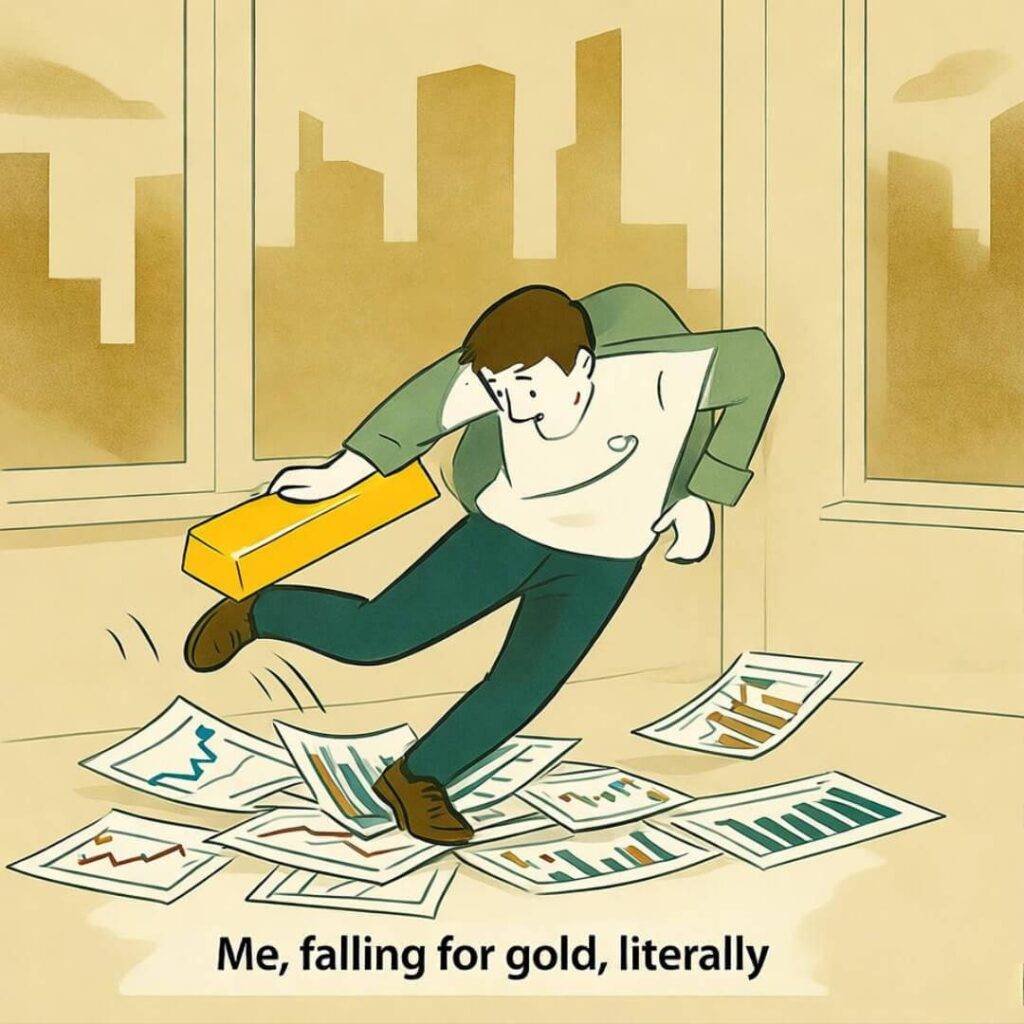 Clumsy person tripping over stock charts with gold bar.