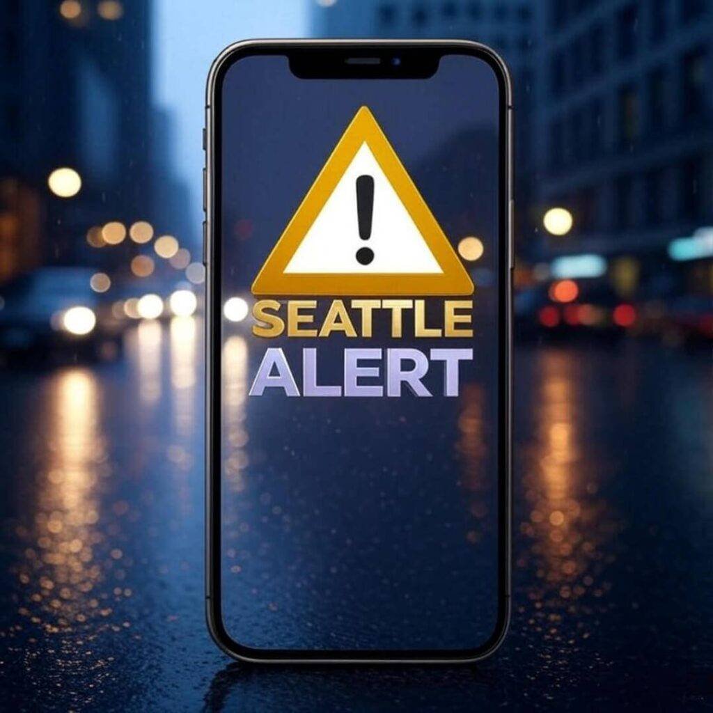 Phone alert, stressed reflection, rainy Seattle street.