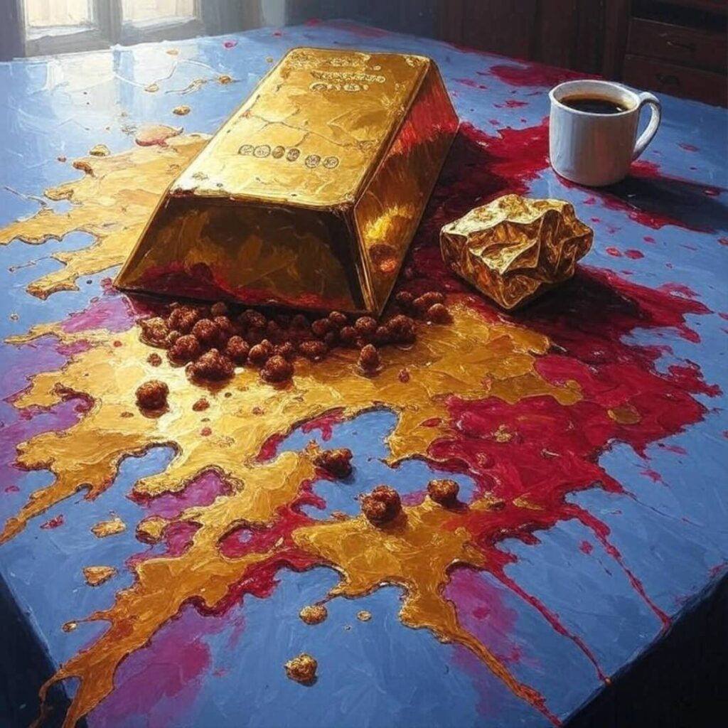 Chaotic table with gold bar, bond, spilled coffee.