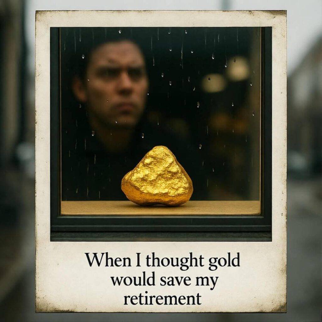 Faded Polaroid, gold nugget, stressed reflection in rain.