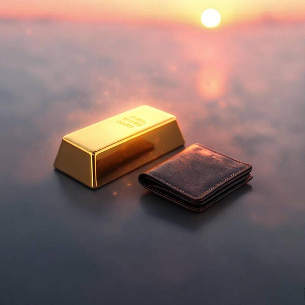 Glowing gold bar, worn wallet, dreamy sunrise.