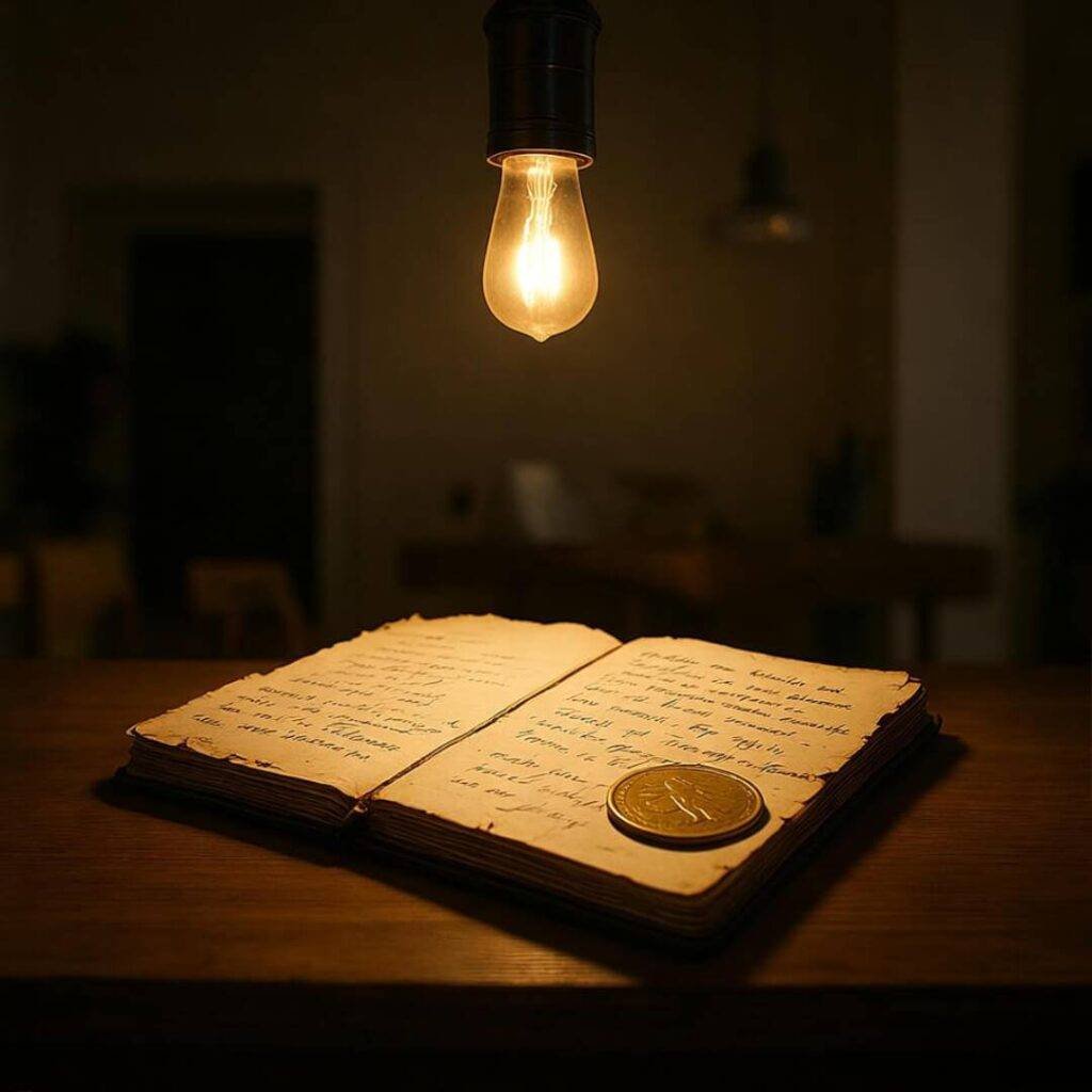 Dog-eared notebook with gold coin, flickering bulb light.