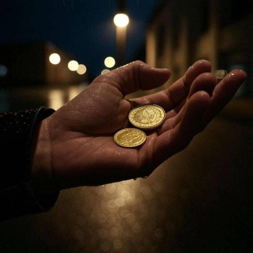 Rainy hand clutching gold coin, blurry streetlights.