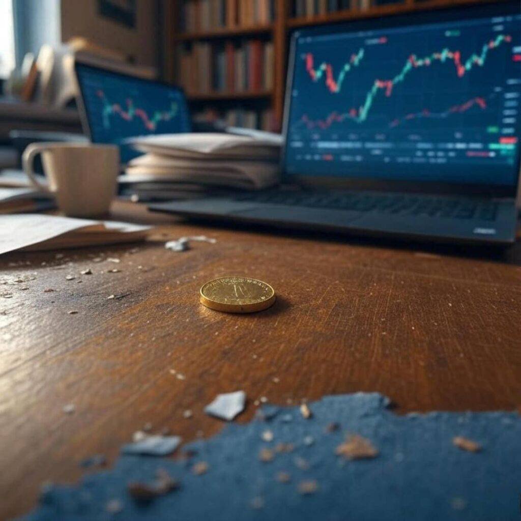Cluttered desk with gold coin, laptop, spilled coffee.