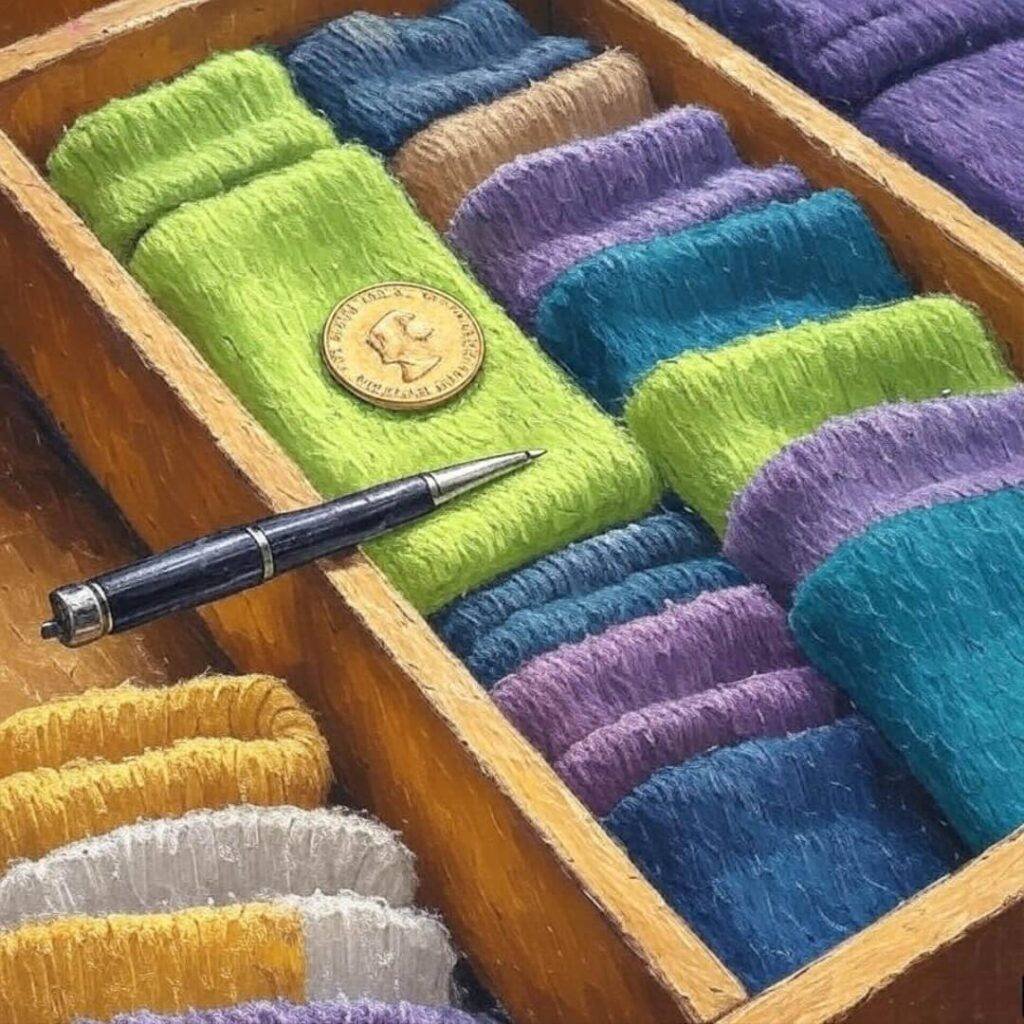 Gold coin in sock drawer with green sock.