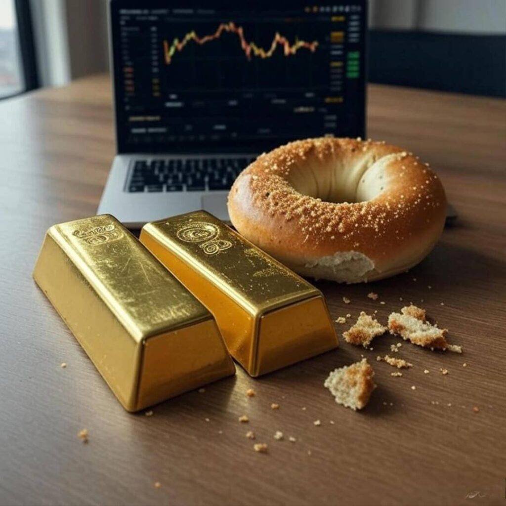Gold bar, half-eaten bagel, crumbs, laptop chart.