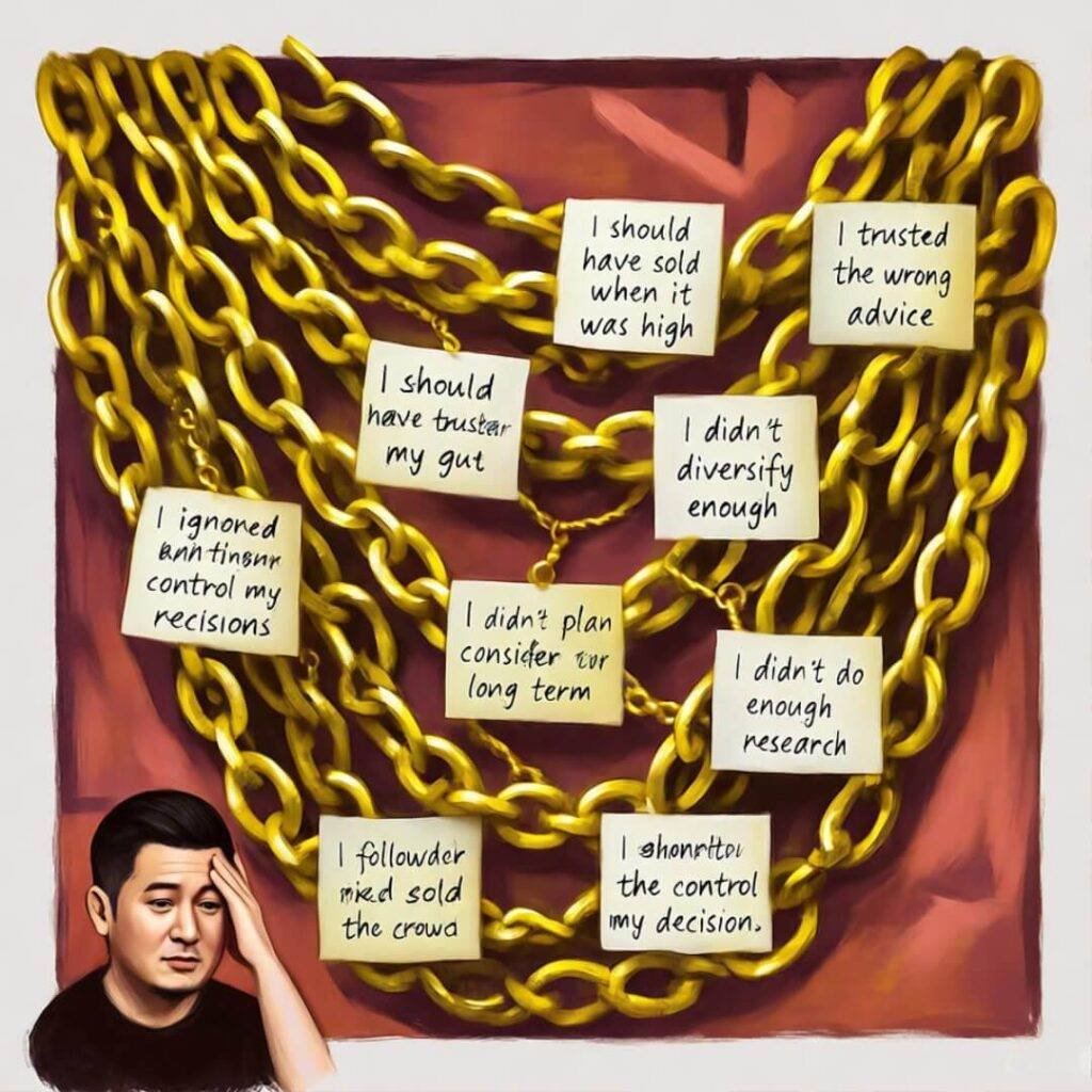 Tangled gold chains with notes, cartoon me facepalms.