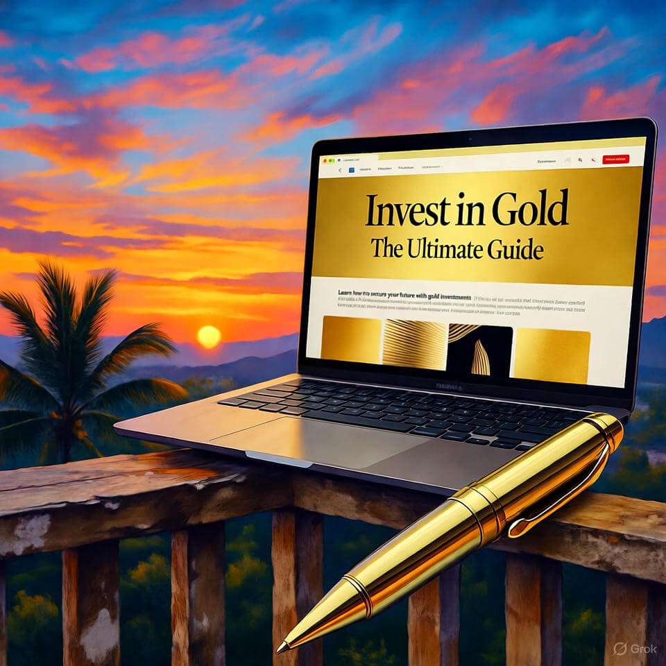 Laptop on balcony, sunset, gold pen rolling.