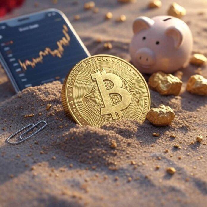 Scratched gold coin, smartphone, chipped piggy bank in sand.