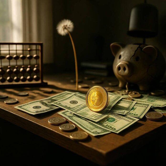 Gold coin amidst bills, abacus, cracked piggy bank.