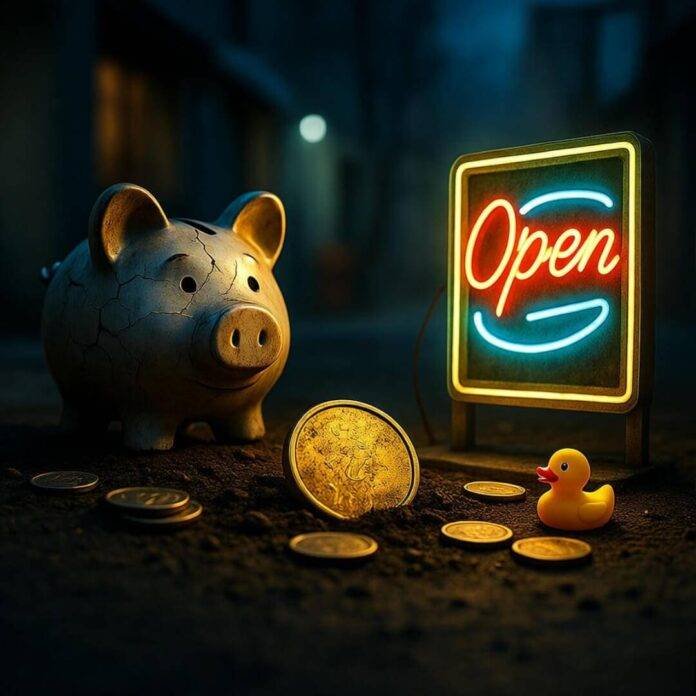 Tarnished gold coin, broken piggy bank, neon sign, rubber duck. Tarnished gold coin, broken piggy bank, neon sign, rubber duck.